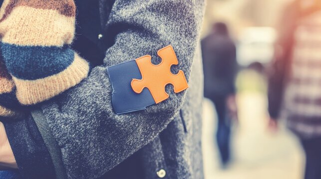 Close-Up of Puzzle Piece Ribbon on Caregiver Jacket for Autism Awareness