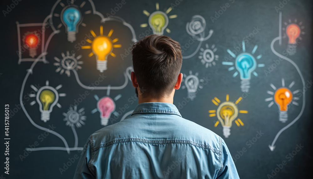 Wall mural back view of man looking at light bulbs on blackboard. concept of creative thinking innovative idea 
