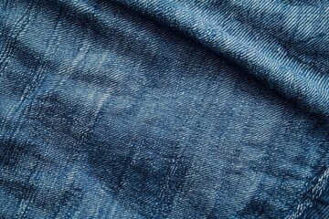 Close-up view of textured blue denim fabric, showing wrinkles and diagonal weave.