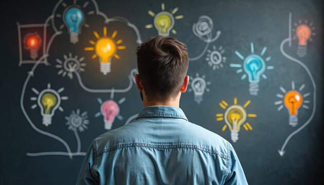 Back view of man looking at light bulbs on blackboard. Concept of creative thinking innovative idea generation. Concept of business solution brainstorming. New tech concepts for company development. - Powered by Adobe