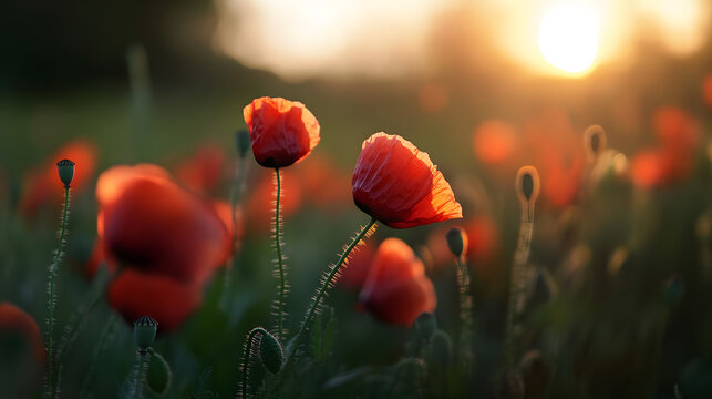 A soft-focus image of wild poppies in a field, their red petals glowing in the late afternoon light, with a background of soft, green grass and a clear sky.