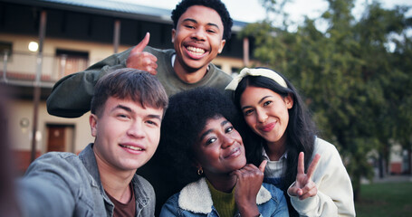 Happy, students and portrait of friends with selfie for education, break and smile at university. School campus, picture and men and women with peace sign emoji for social media, post and memory