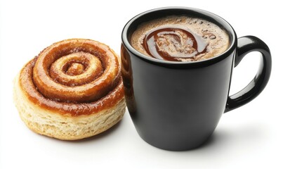 Coffee and cinnamon roll breakfast, white background, food photography, for menus