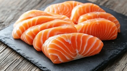 Close-up of salmon sashimi slices on slate