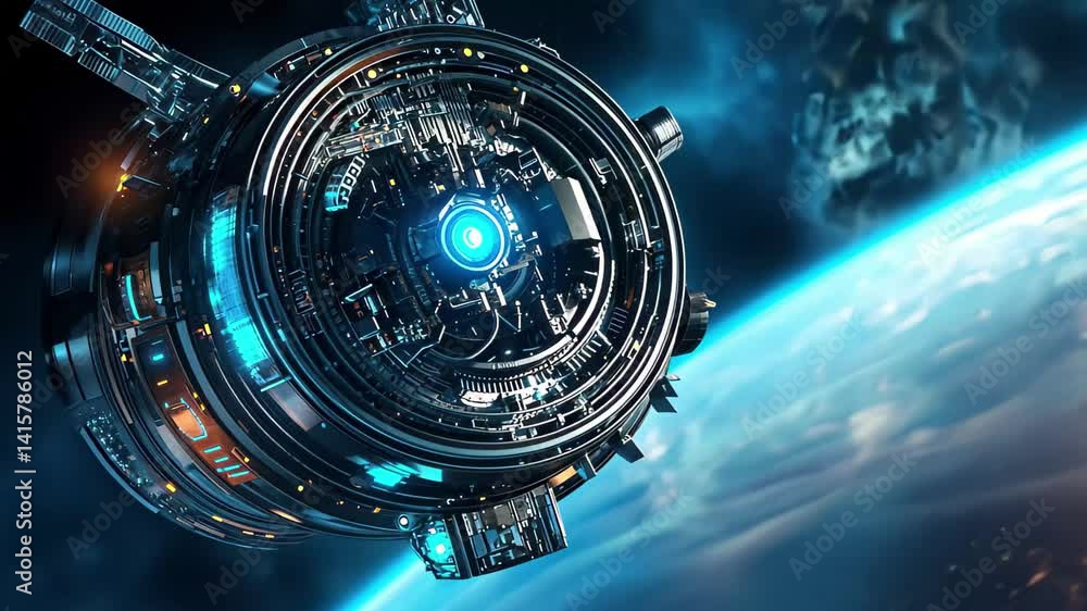 Poster Bitcoin animation in orbit with digital elements showcasing futuristic space technology, Bitcoin seamless nimation orbiting camera