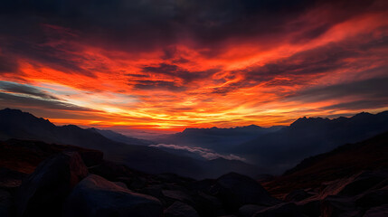 Fototapeta premium A spectacular mountain sunset with clouds illuminated in fiery reds and oranges, casting shadows on the rocky terrain.