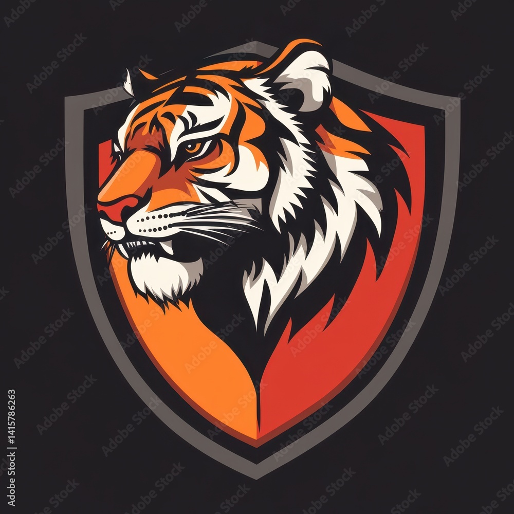 Poster stylized abstract tiger logo with a golden color scheme on a black background, ideal for branding an