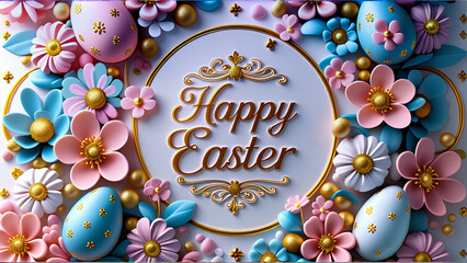 Happy Easter words, Easter Eggs, Easter bunnies & rabbit. Space for text & copy. lifestyle, modern, illustration & Easter theme background, Social media posts Facebook, Instagram, TikTok & X