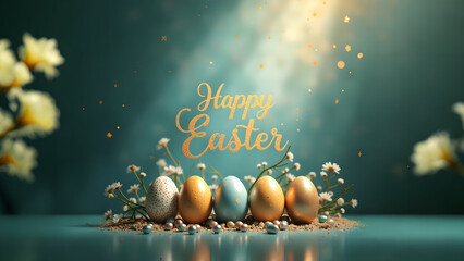 Happy Easter words, Easter Eggs, Easter bunnies & rabbit. Space for text & copy. lifestyle, modern, illustration & Easter theme background, Social media posts Facebook, Instagram, TikTok & X