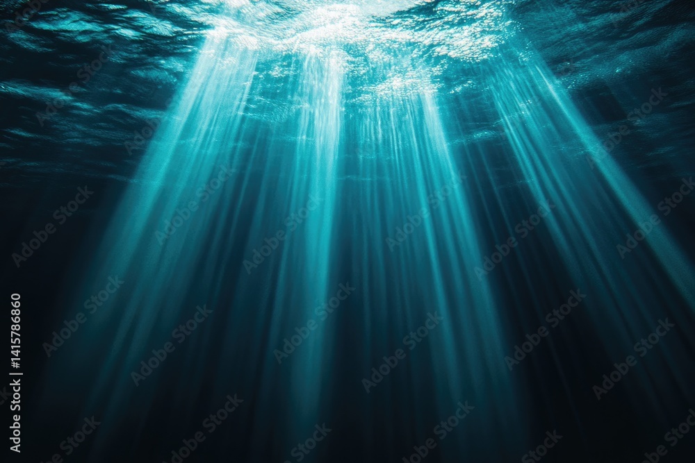 Poster sunbeams pierce the deep ocean, illuminating particles and creating a mesmerizing underwater scene.