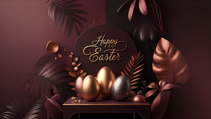 Happy Easter words, Easter Eggs, Easter bunnies & rabbit. Space for text & copy. lifestyle, modern, illustration & Easter theme background, Social media posts Facebook, Instagram, TikTok & X