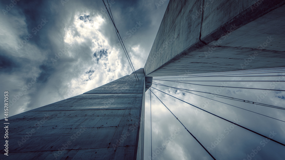 Poster Low-angle view of concrete bridge pillar and cables against a cloudy sky, showcasing architectural structure and design, representing strength, stability and engineering