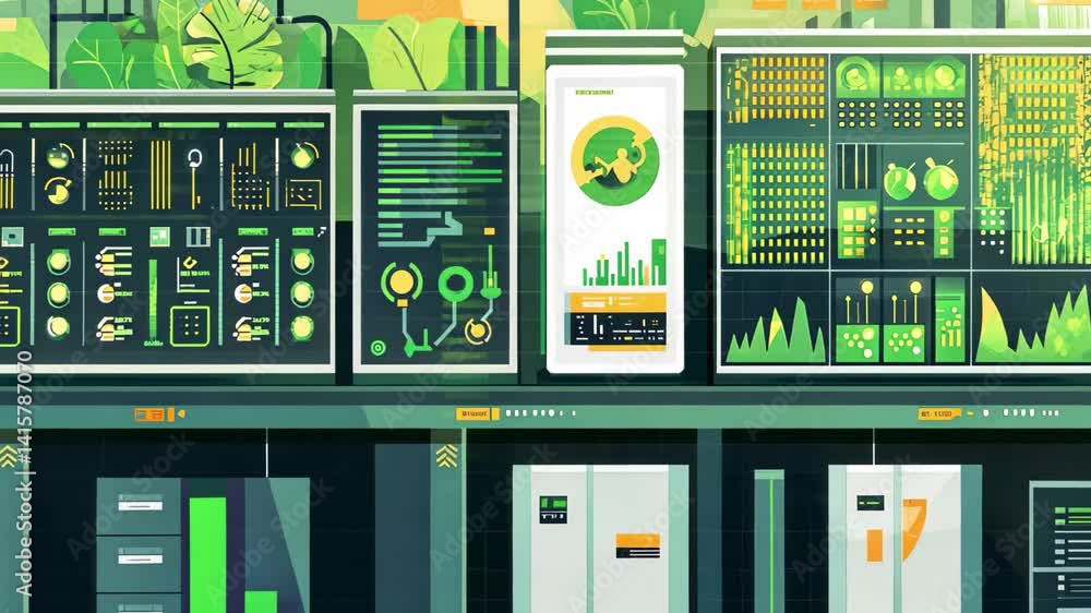 Poster data processing and ecology icons integrated within a modern server room environment, data processin