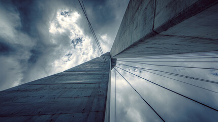 Low-angle view of concrete bridge pillar and cables against a cloudy sky, showcasing architectural structure and design, representing strength, stability and engineering