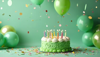 Green birthday cake with burning candles, balloons and confetti on green backdrop. Festive scene of celebration, joy. Holiday party atmosphere. Festive birthday card, gift, postcard template.