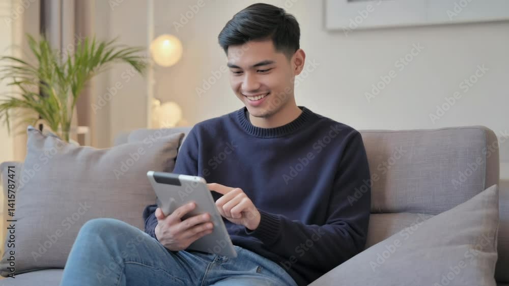 Aufkleber A person sitting on a couch using a tablet computer.