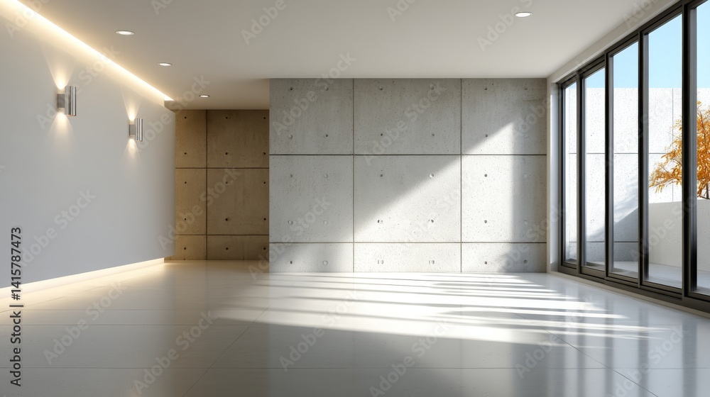 Aufkleber d rendering of a bright office mockup featuring a blank wall with large windows and sunlight passing