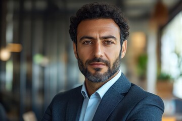 Fototapeta premium Professional man with curly hair and beard poses confidently in a modern office setting during daytime, showcasing his sharp business attire and calm demeanor