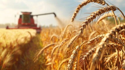 Combine harvester harvesting ripe wheat on sunny day.
