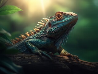 Obraz premium A basilisk lounges gracefully on a textured log, soaking up the warm sunlight in a lush tropical setting