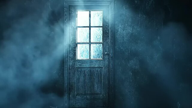 Dimly lit, dusty room with a windowed door.