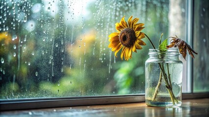 A wilted sunflower in a glass jar on a windowsill during a rainy day