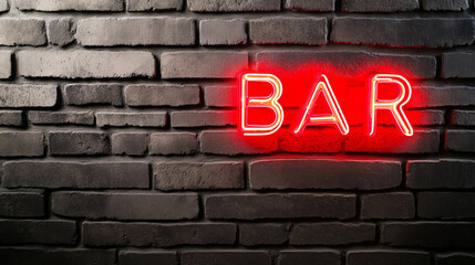 Obraz premium Red neon sign indicating a bar, glowing on a dark brick wall, creating a stylish and modern nightlife aesthetic