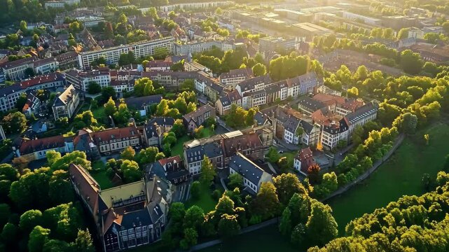 Exploring the picturesque landscape of Meiningen's old town with lush greenery and historical architecture, Aerial view of the old town of the city Meiningen in Germany, Thuringia on a sunny day in