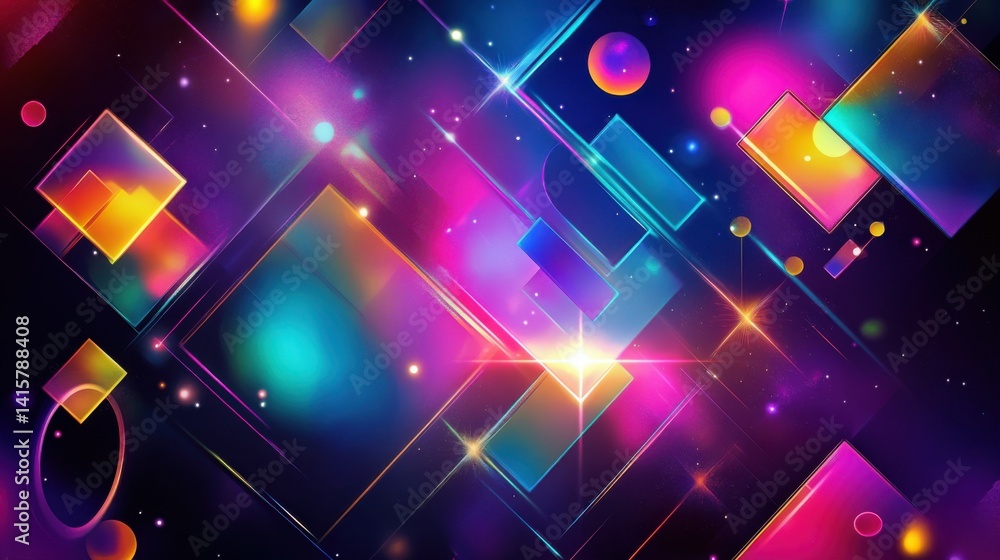 Poster abstract illustration of geometric shapes and structures in colorful neon colors and lights in cyber