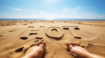Fisheye perspective capturing feet relaxing on a sun soaked beach, with the word hot beautifully carved into the warm sand