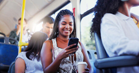 Happy, woman and travel on bus with phone for social media scroll, morning commute and streaming service. Passenger, girl and coffee with smartphone on public transport for journey, trip or ride chat © peopleimages.com
