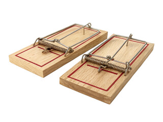 Two traditional wooden mouse traps lying on a white background, featuring a classic design with metal springs and a wooden base.