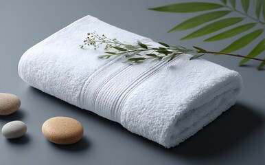Flat lay top view of a white cotton towel mock up template fabric wiper isolated on a grey background with a clipping path