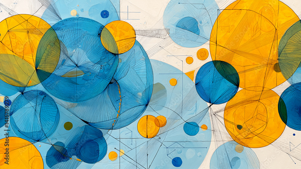 Poster abstract artwork featuring overlapping blue and yellow circles, interconnected by thin lines on a wh