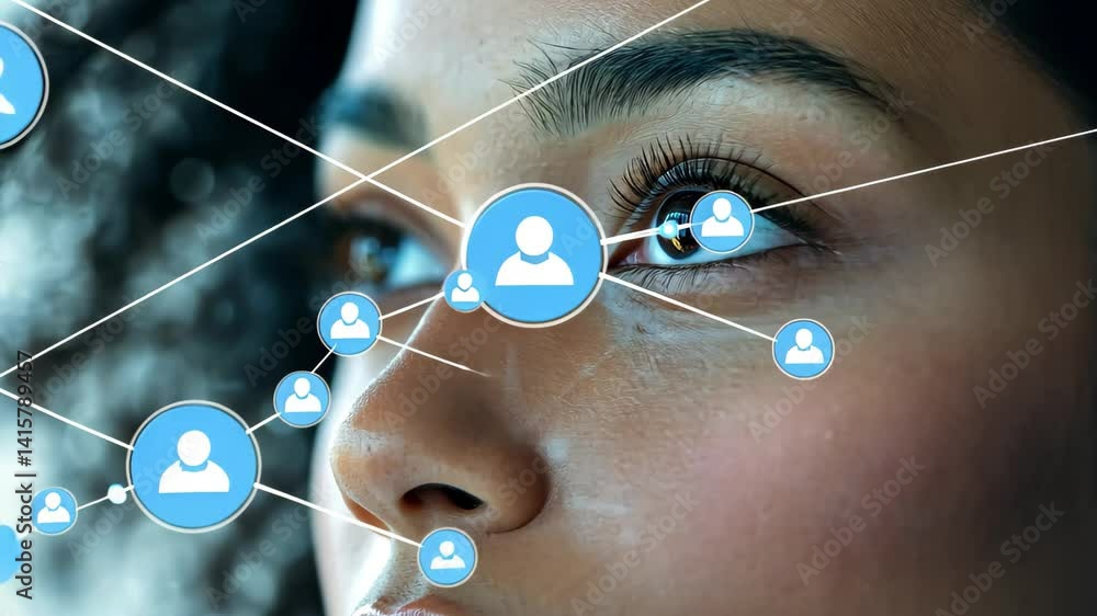 Leinwandbilder network of connections and data processing visualized on a young woman's face in an abstract setting