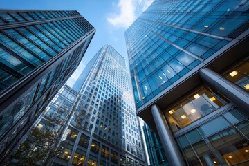 Fototapeta premium Reflective skyscrapers and business office buildings form a big modern city urban landscape viewed from the bottom up, stock
