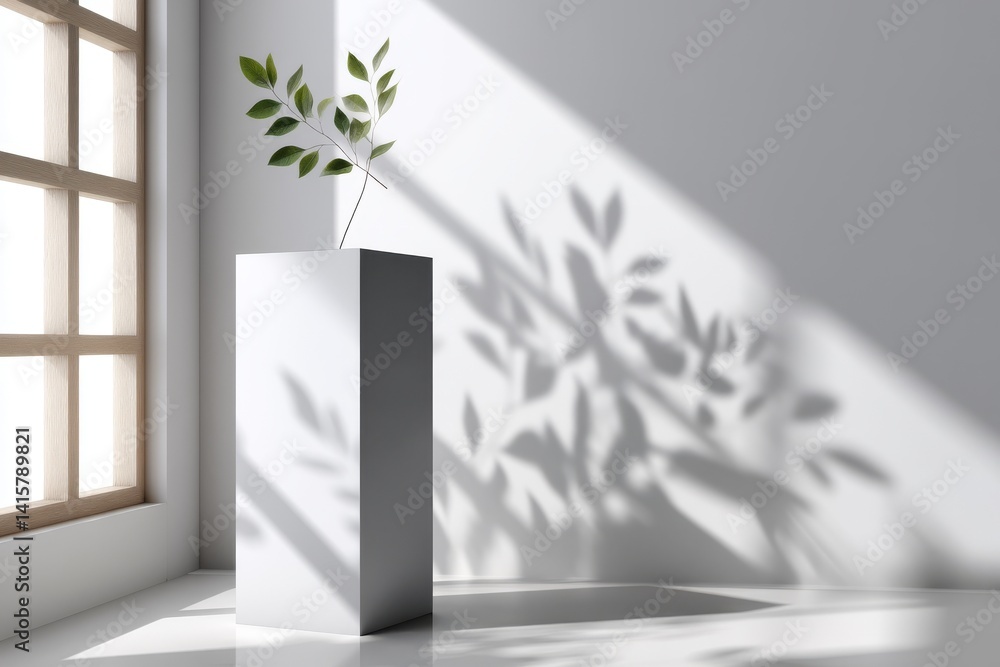 Poster the image features an empty white room with a 3d appearance, incorporating shadows from a window, fl