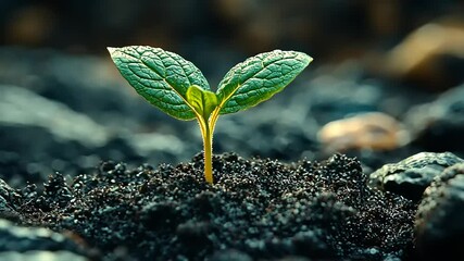 Young sprout emerging from dark soil. - Powered by Adobe