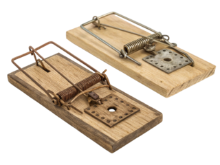 Two traditional wooden mouse traps, showcasing a mix of metal and wood textures.