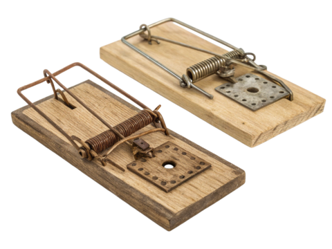 Two traditional wooden mouse traps, showcasing a mix of metal and wood textures.