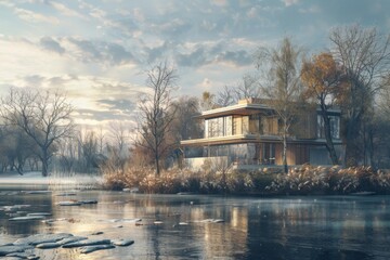 Fototapeta premium modern house by the river house, luxury, villa, modern, architecture, building, exterior, residential, property, designer