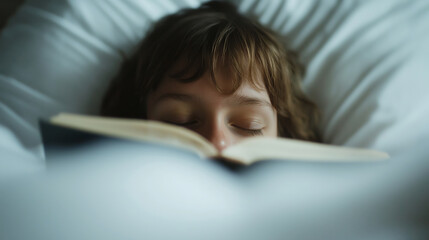 Sleepy student slumping over open book, resting head on soft blanket, studying exhaustively during late night academic preparation