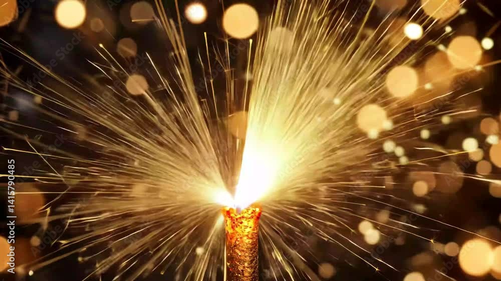 Poster sparks flying from a firework against a dark backdrop creating a dazzling display of light, close up