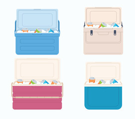 An open ice box with cans of soda. Portable cooling box for drinks. Summer vacation on the seashore. Storing food and drinks in a cold box with ice. Vector illustration