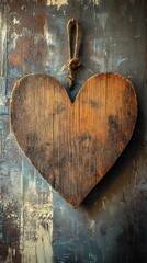 Rustic wooden heart decoration hanging on a textured background, perfect for romantic themes and home decor.