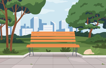 Park landscape with a bench. Metal and wooden places for sitting and relaxing in the open air. Vector illustration