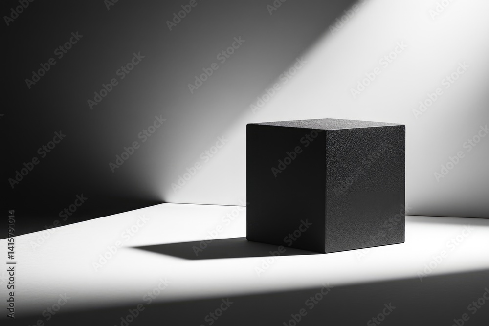 Aufkleber a dark cube sits on a white surface, illuminated by a single light source, casting a strong shadow.