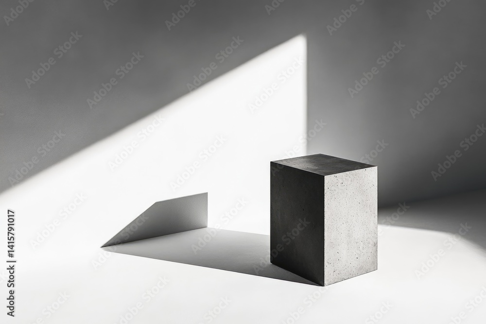 Poster a minimalist concrete block casts dramatic shadows on a white surface, creating a striking contrast 