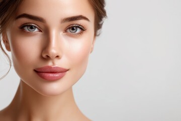 Naklejka premium The girl has a beautiful fresh appearance with flawless skin and a natural makeup look, showcasing her stunning face