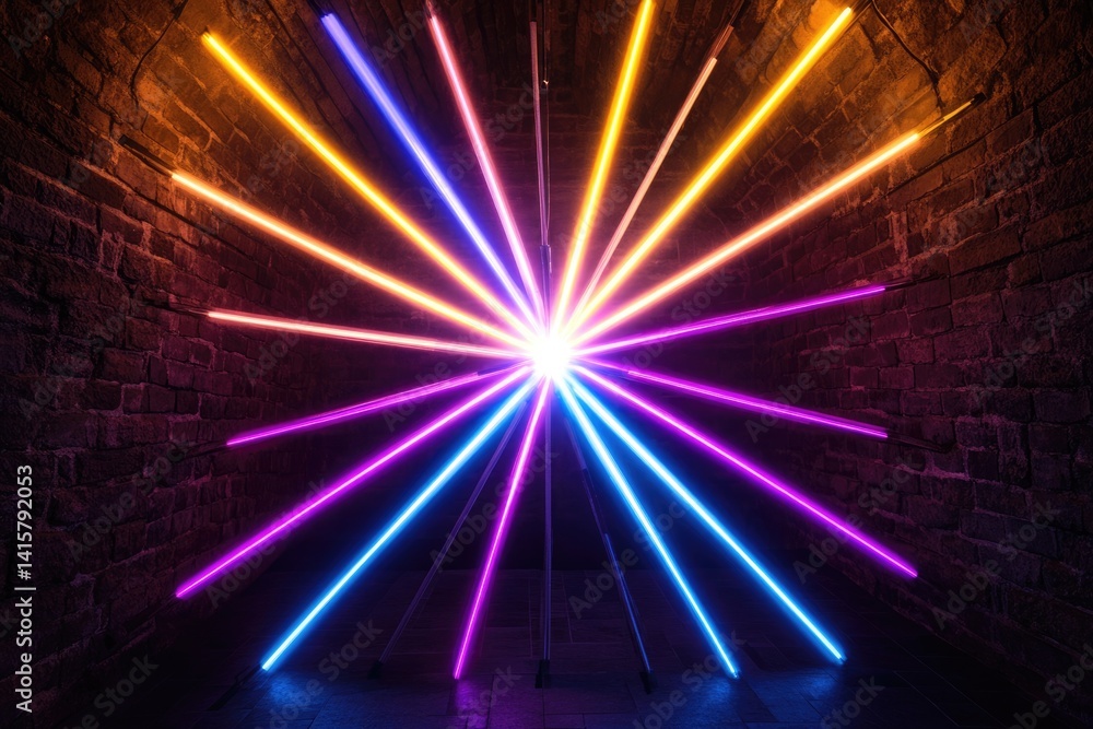 Poster vibrant neon lights radiate from a central point in a dark brick tunnel, creating a mesmerizing disp